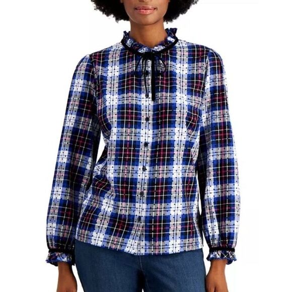 Charter Club Blue Black‎ Plaid Ruffle Tie Neck Button Down Sz PXL NEW - Picture 8 of 8